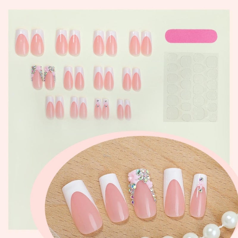 Foccna Press on Nails Pink French Fake Nails Medium Rhinestone Square Bling White Nails Glossy False Nail Tips Artificial Nails Luxury Finger Manicure for Women and Girls,24pcs (Square Nails 3) - Image 3